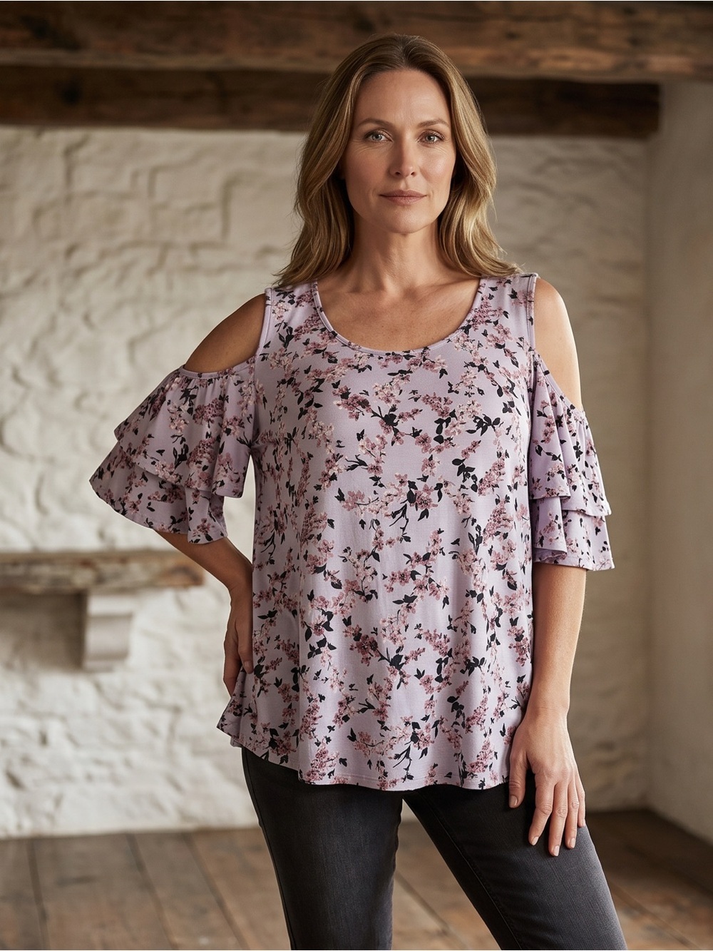 Elle Lilac Cold-Shoulder Floral Ruffle Blouse